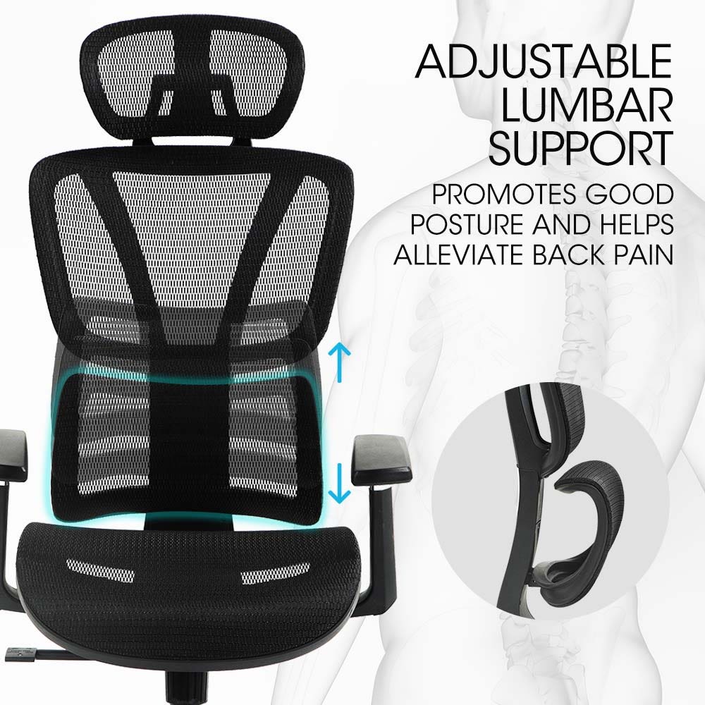 Fortia Ergonomic Office Desk Chair Coolmesh Fabric Adjustable Lumbar Support Headrest Armrest and Recline Black Mesh/Black Frame