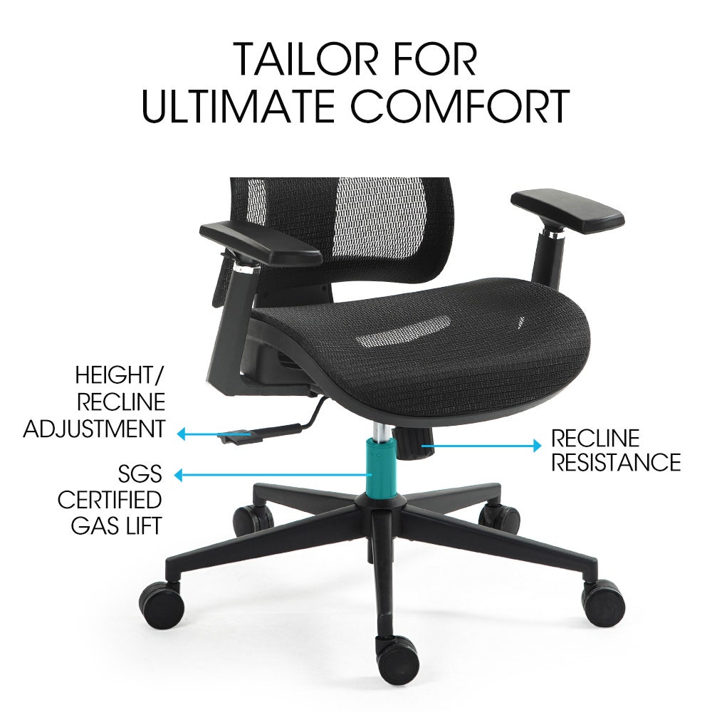 Fortia Ergonomic Office Desk Chair Coolmesh Fabric Adjustable Lumbar Support Headrest Armrest and Recline Black Mesh/Black Frame