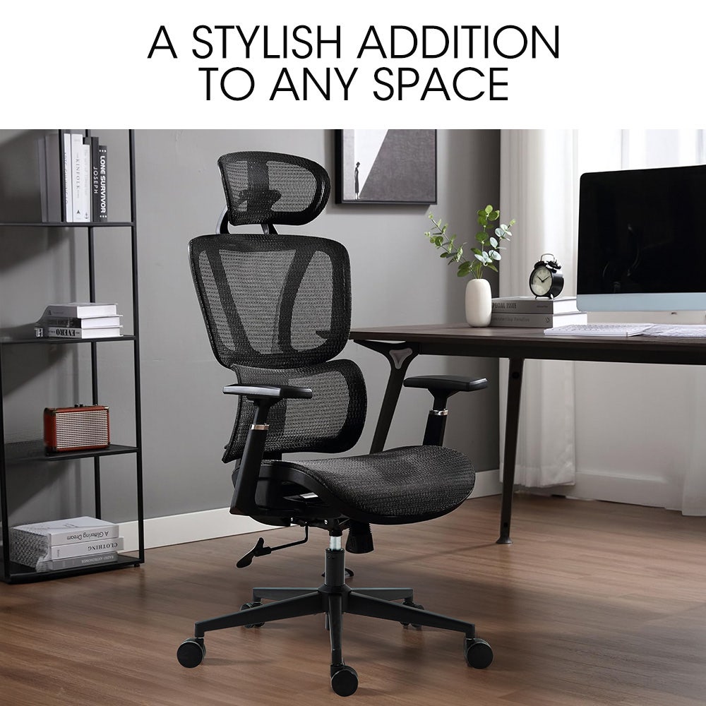 Fortia Ergonomic Office Desk Chair Coolmesh Fabric Adjustable Lumbar Support Headrest Armrest and Recline Black Mesh/Black Frame