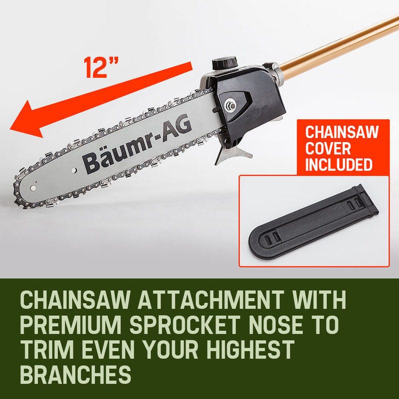 BAUMR-AG 65cc 7in1 Long Reach Garden Multi-tool, Pole Saw, Hedge & Line Trimmer, Brush Cutter, 12 Tree Trimming Pruning Chainsaw Bar, 2 Extension Shafts