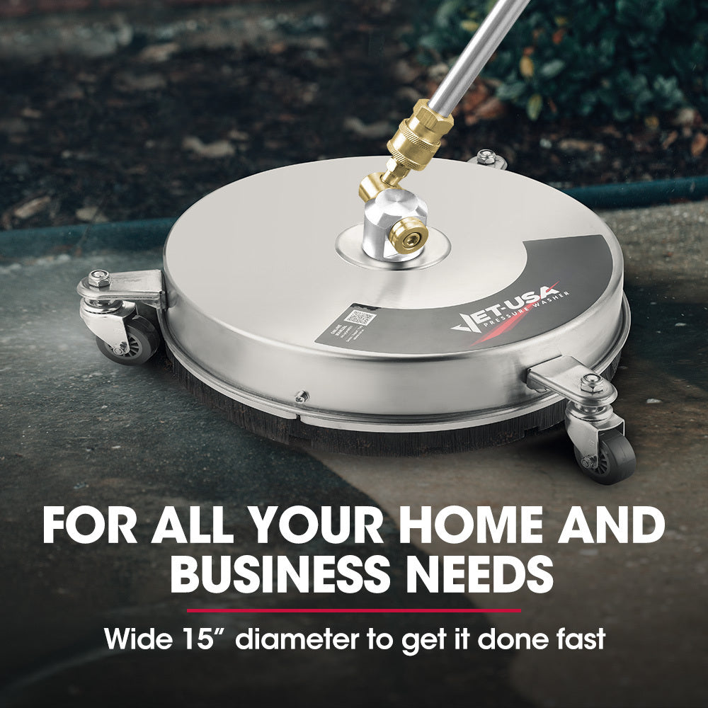 Jet-USA 15 Stainless Steel Pressure Washer Surface Cleaner, 1/4 Fitting, For Concrete Driveway Patio Floor