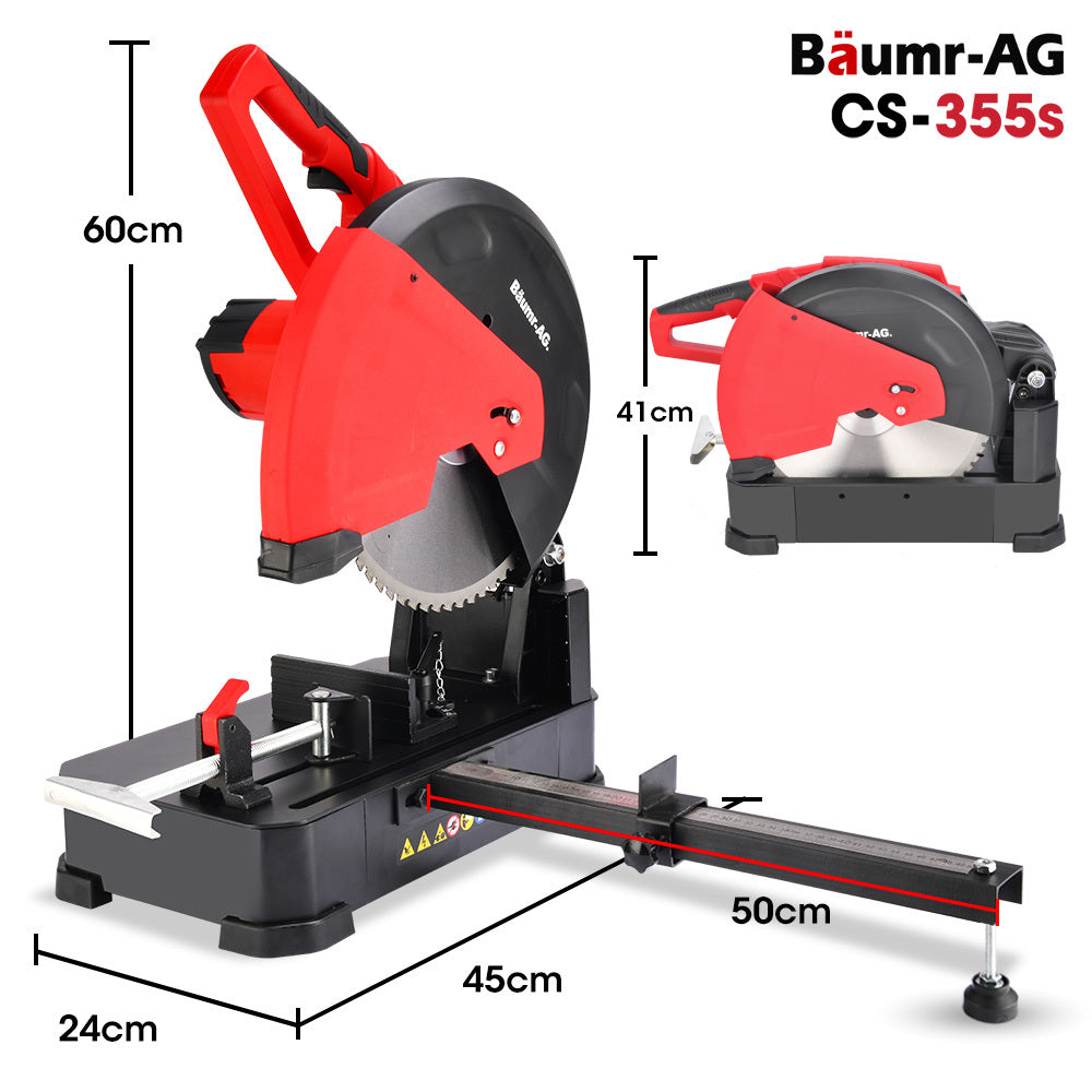 Baumr-AG 2400W 355mm 14 Metal Cut Off Cold Saw, Premium Low Spark Ceramic Alloy Tooth Blade, Measurement Scale, Soft Start, 45 Degree Mitre Chop Cutting