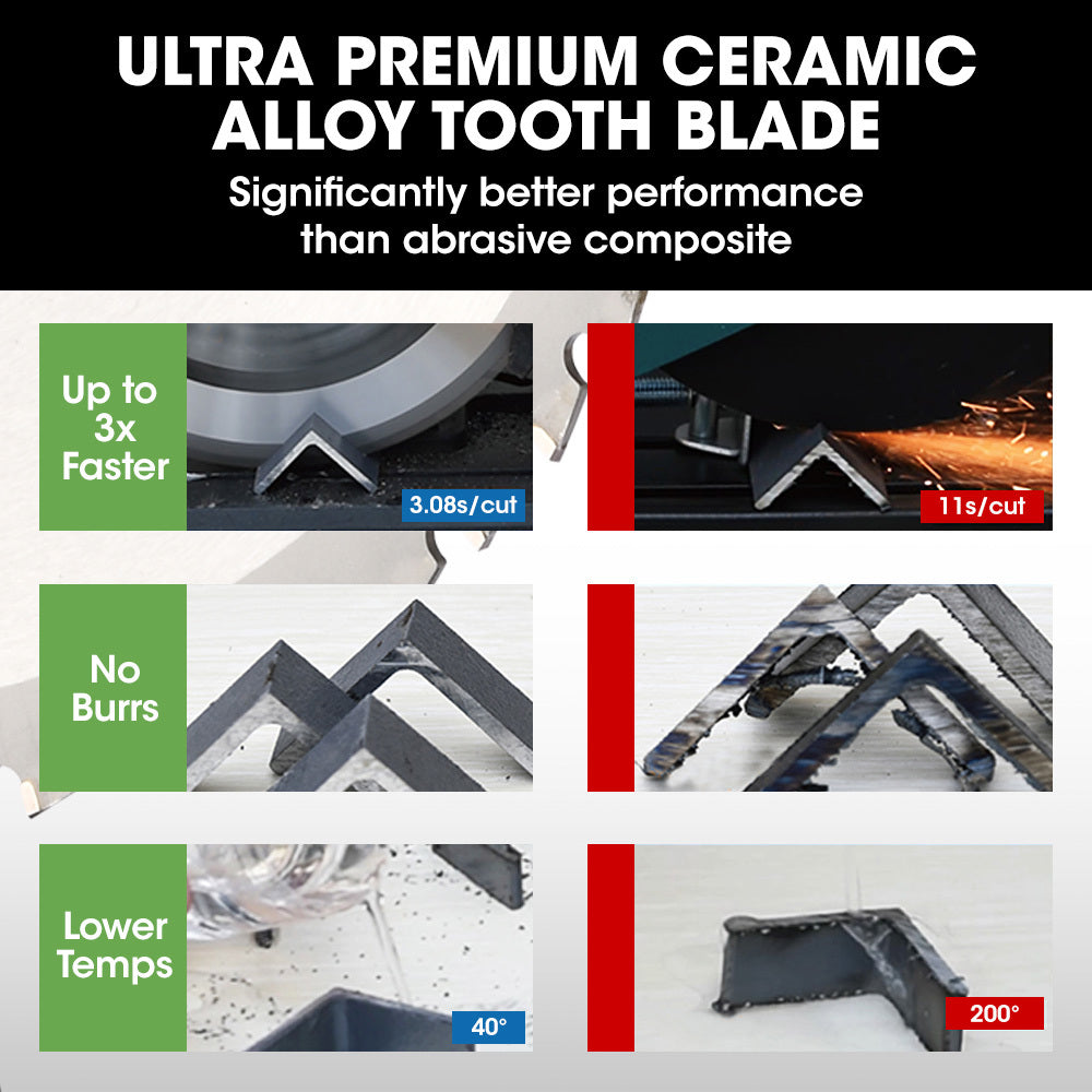 Baumr-AG 2400W 355mm 14 Metal Cut Off Cold Saw, Premium Low Spark Ceramic Alloy Tooth Blade, Measurement Scale, Soft Start, 45 Degree Mitre Chop Cutting