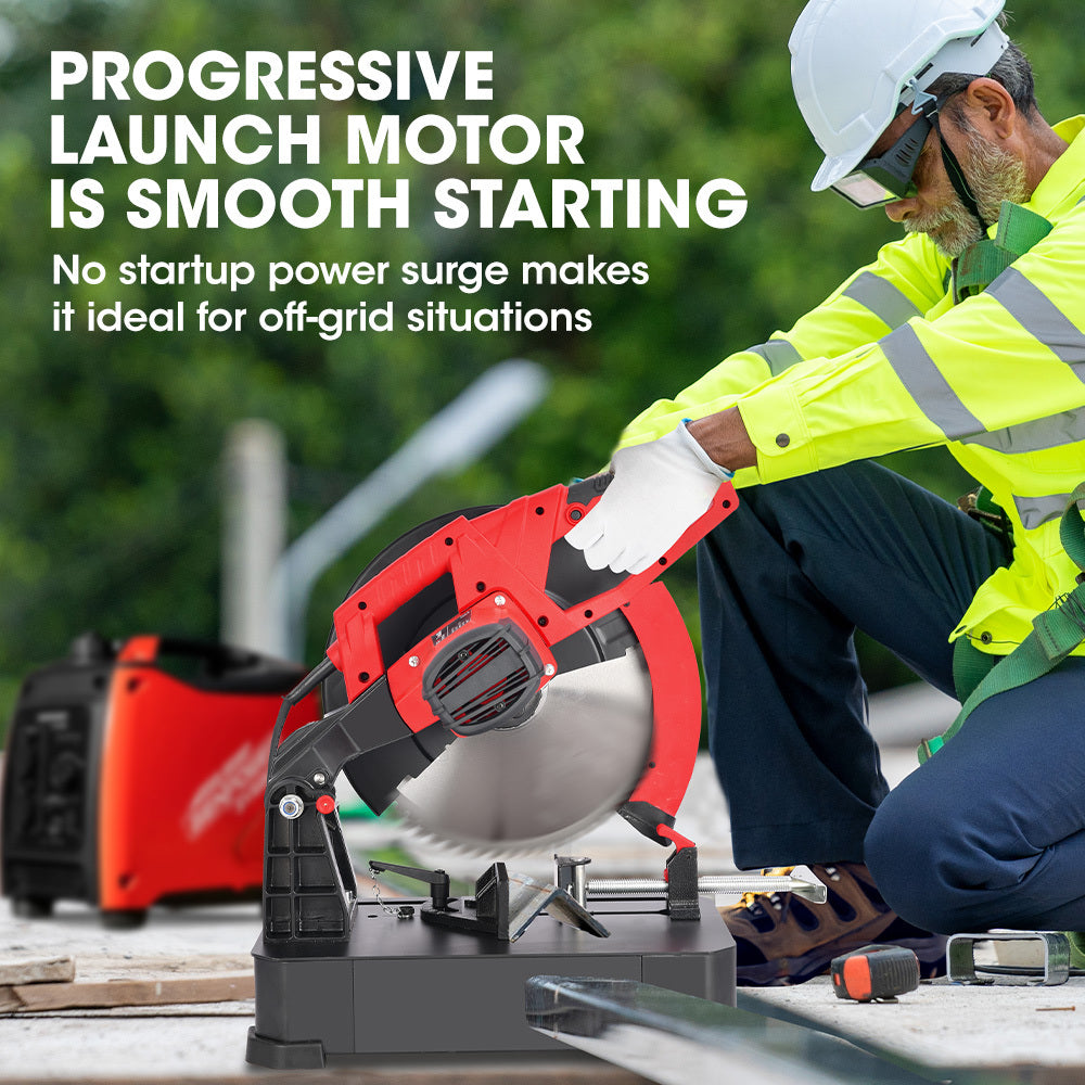 Baumr-AG 2400W 355mm 14 Metal Cut Off Cold Saw, Premium Low Spark Ceramic Alloy Tooth Blade, Measurement Scale, Soft Start, 45 Degree Mitre Chop Cutting