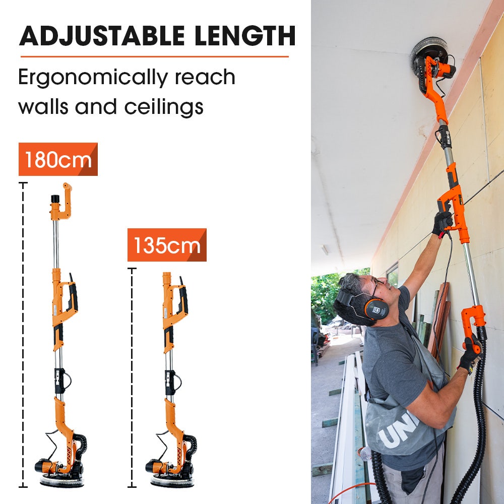 Unimac 225mm 750W Telescopic Long Reach Dry Wall Sander Kit, Foldable, Vacuum System, LED Worklight, 6x Sanding Discs