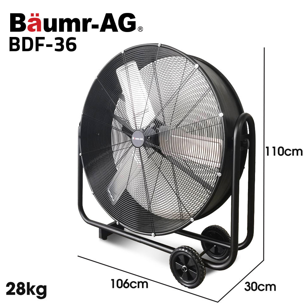 BAUMR-AG 36 914mm Industrial Mobile Floor Drum Fan, 290W Brushless Motor, Tilting, Large, Commercial, Heavy-duty Frame, EESS Certified
