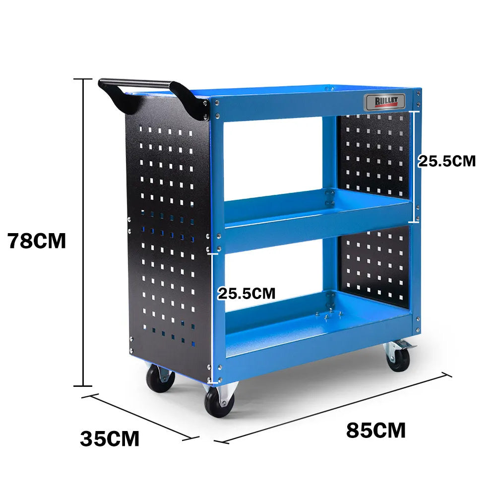 Bullet 3-Tier Steel Tool Trolley Cart, for Workshop, Mechanic, with Pegboard, Screwdriver Bay, Blue
