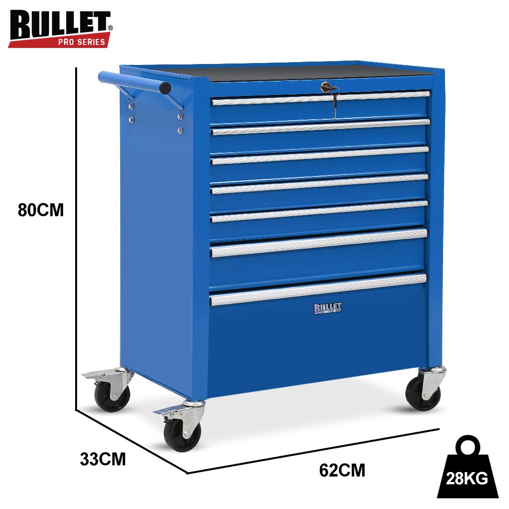 BULLET Pro 7 Drawer Tool Box Cabinet Trolley Storage, Toolbox Garage Organiser Set, Blue