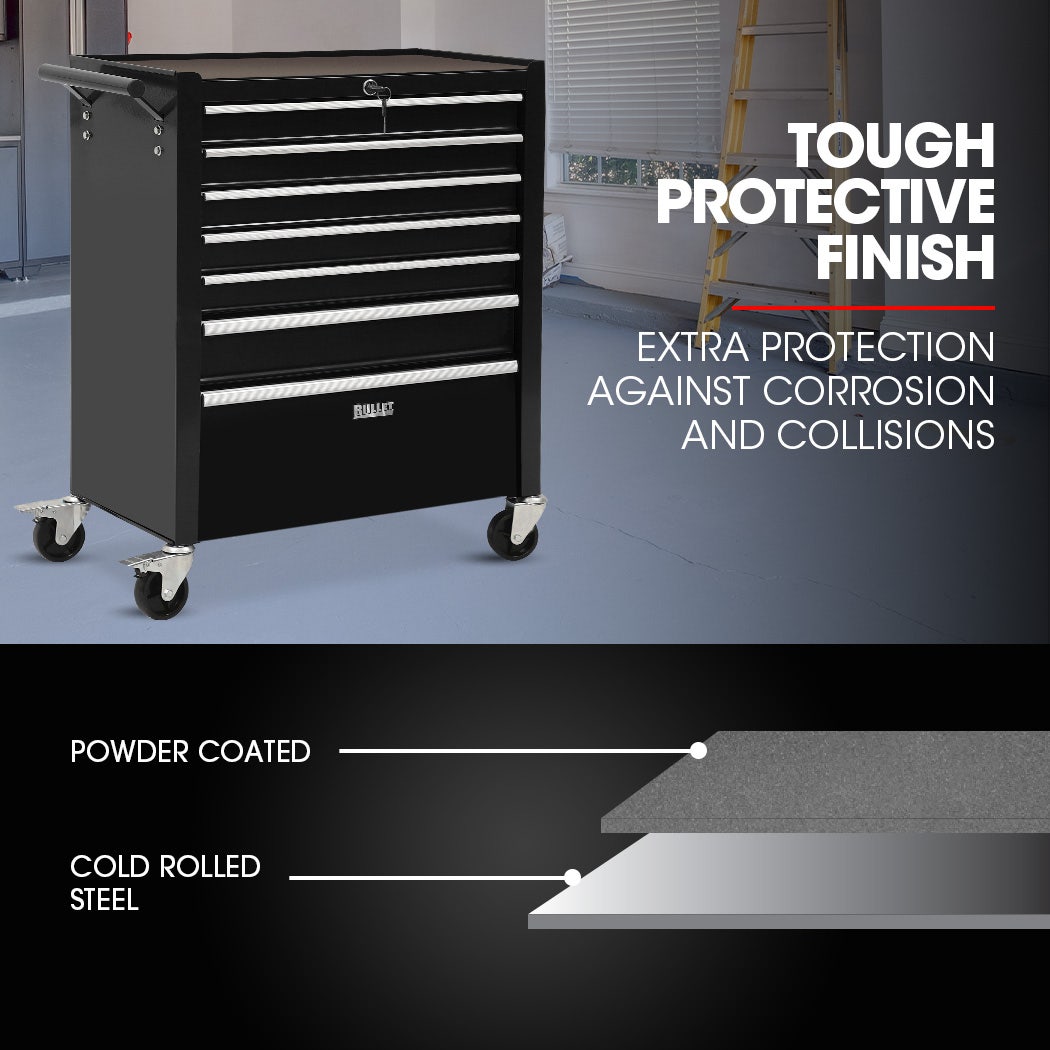 BULLET Pro 7 Drawer Tool Box Cabinet Trolley Storage, Toolbox Garage Organiser Set, Black