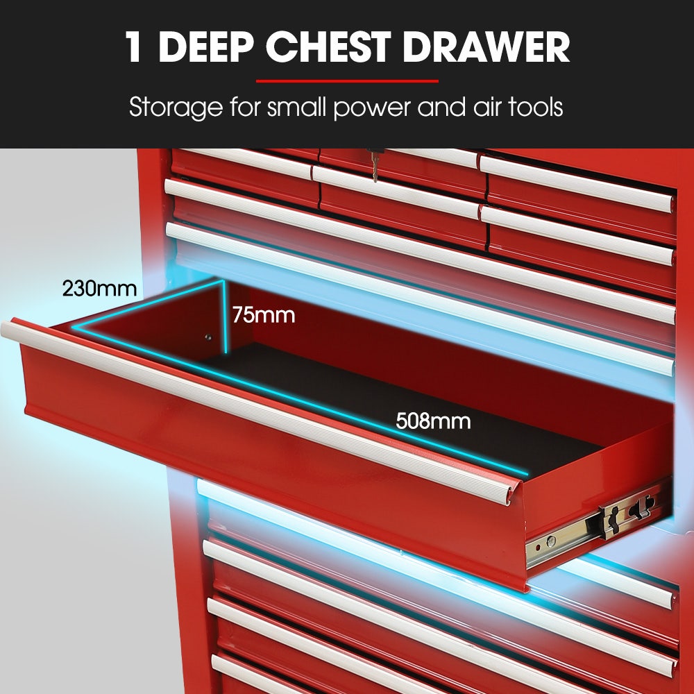 Bullet Pro 16 Drawer Tool Box Cabinet Chest Storage, Toolbox Garage Organiser Set, Red