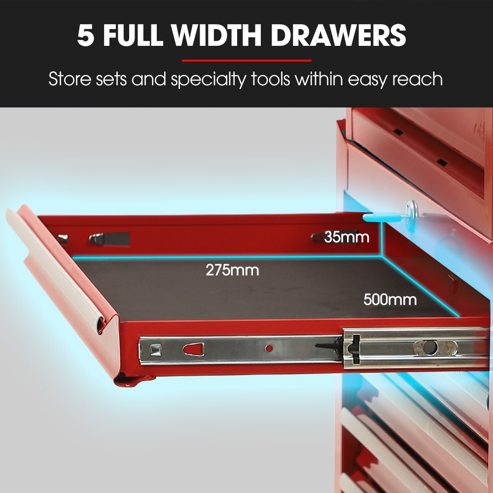 Bullet Pro 16 Drawer Tool Box Cabinet Chest Storage, Toolbox Garage Organiser Set, Red