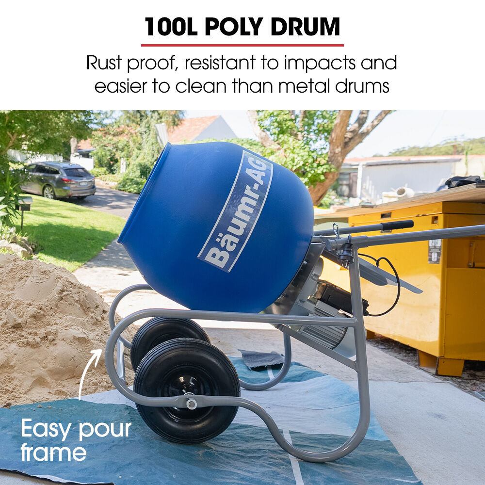 BAUMR-AG 100L Portable Poly Drum Cement Concrete Mixer, Ultra-Light 36kg, 16 Inch Tyres, Electric Direct Drive Motor