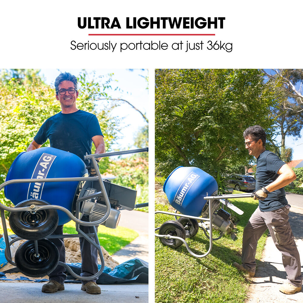 BAUMR-AG 100L Portable Poly Drum Cement Concrete Mixer, Ultra-Light 36kg, 16 Inch Tyres, Electric Direct Drive Motor