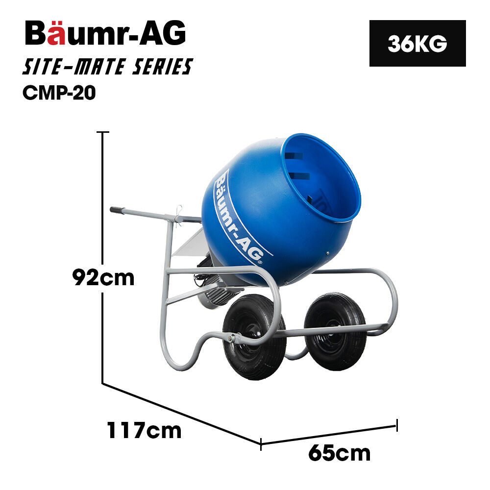 BAUMR-AG 100L Portable Poly Drum Cement Concrete Mixer, Ultra-Light 36kg, 16 Inch Tyres, Electric Direct Drive Motor