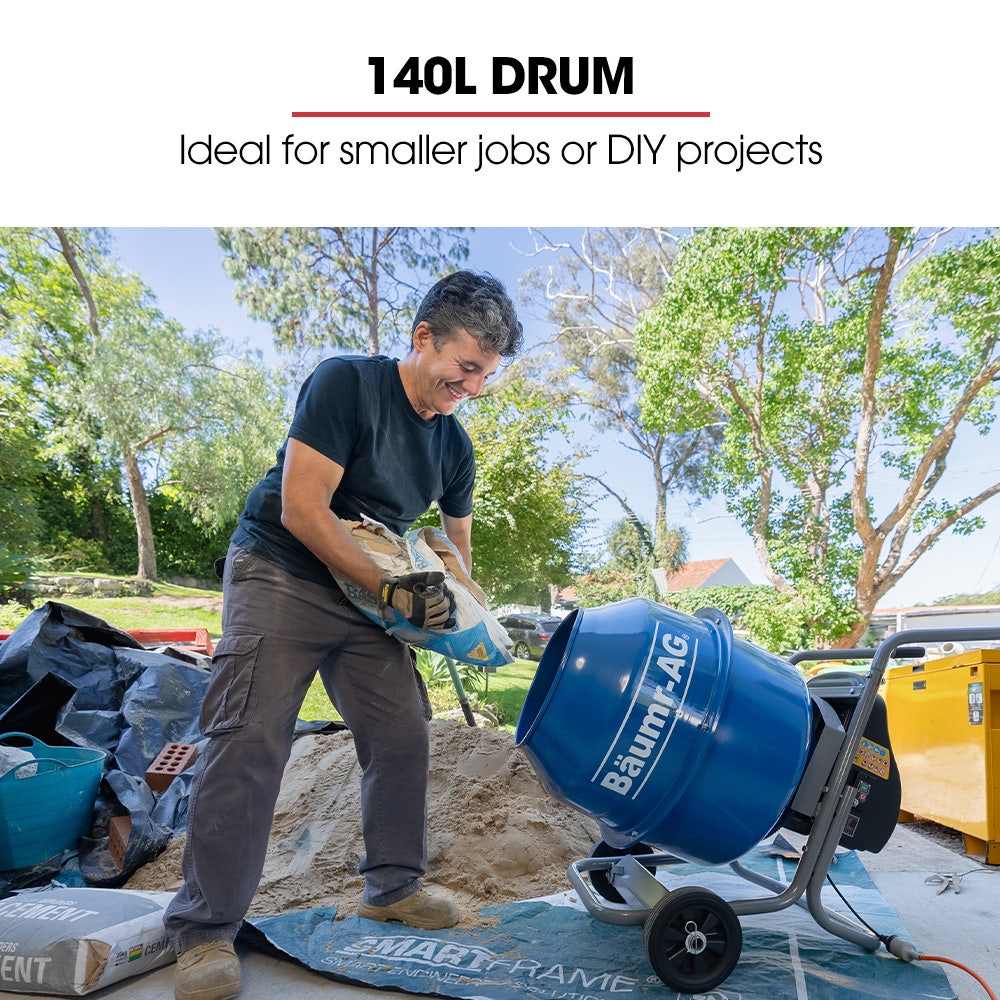 BAUMR-AG 140L Portable Cement Concrete Mixer with Pedestal Stand, 550W Electric Motor, 10 Inch Solid Rubber Wheels