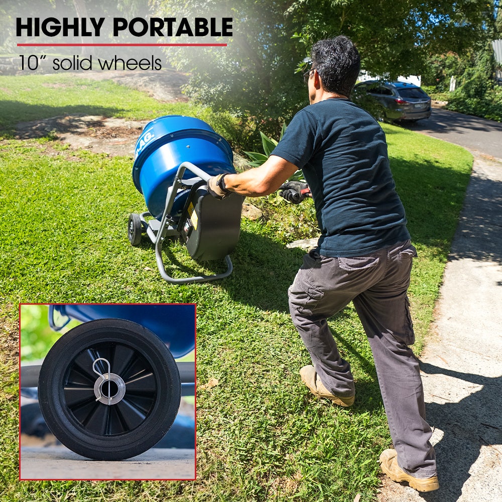 BAUMR-AG 140L Portable Cement Concrete Mixer with Pedestal Stand, 550W Electric Motor, 10 Inch Solid Rubber Wheels
