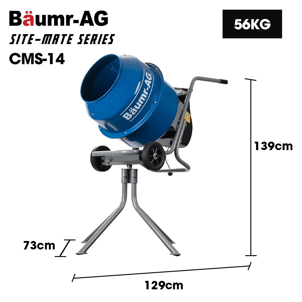 BAUMR-AG 140L Portable Cement Concrete Mixer with Pedestal Stand, 550W Electric Motor, 10 Inch Solid Rubber Wheels