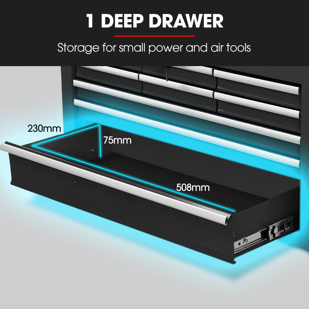 Bullet Pro 9 Drawer Tool Box Chest, Organiser Mechanic Garage Storage Toolbox Set - Black