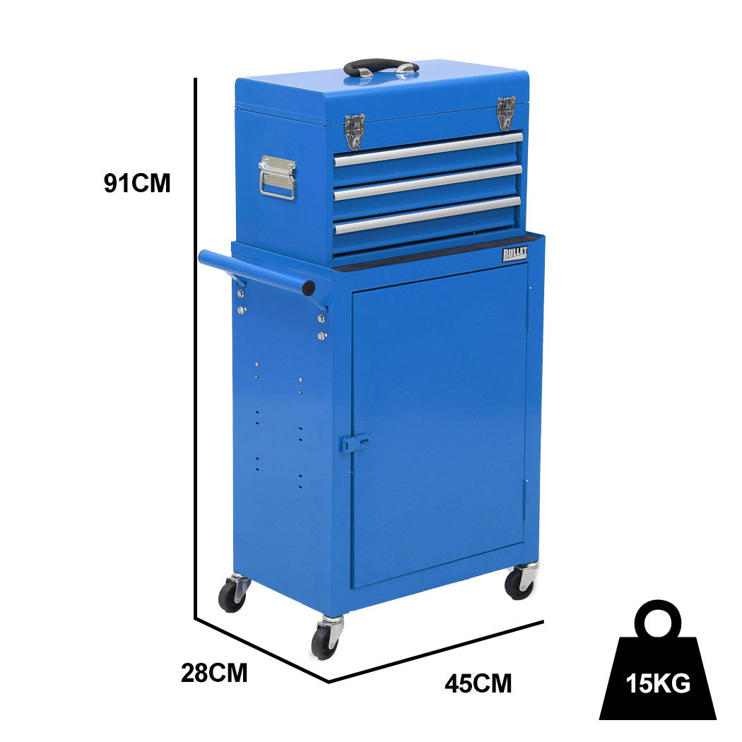 Bullet Pro 3 Drawer Tool Box Cabinet Trolley Storage, with 1-Door Toolbox Garage Organiser Set, Blue