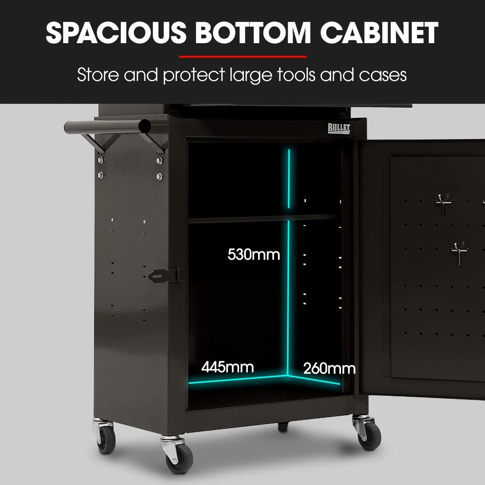 Bullet Pro 3 Drawer Tool Box Cabinet Trolley Storage, with 1-Door Toolbox Garage Organiser Set, Black
