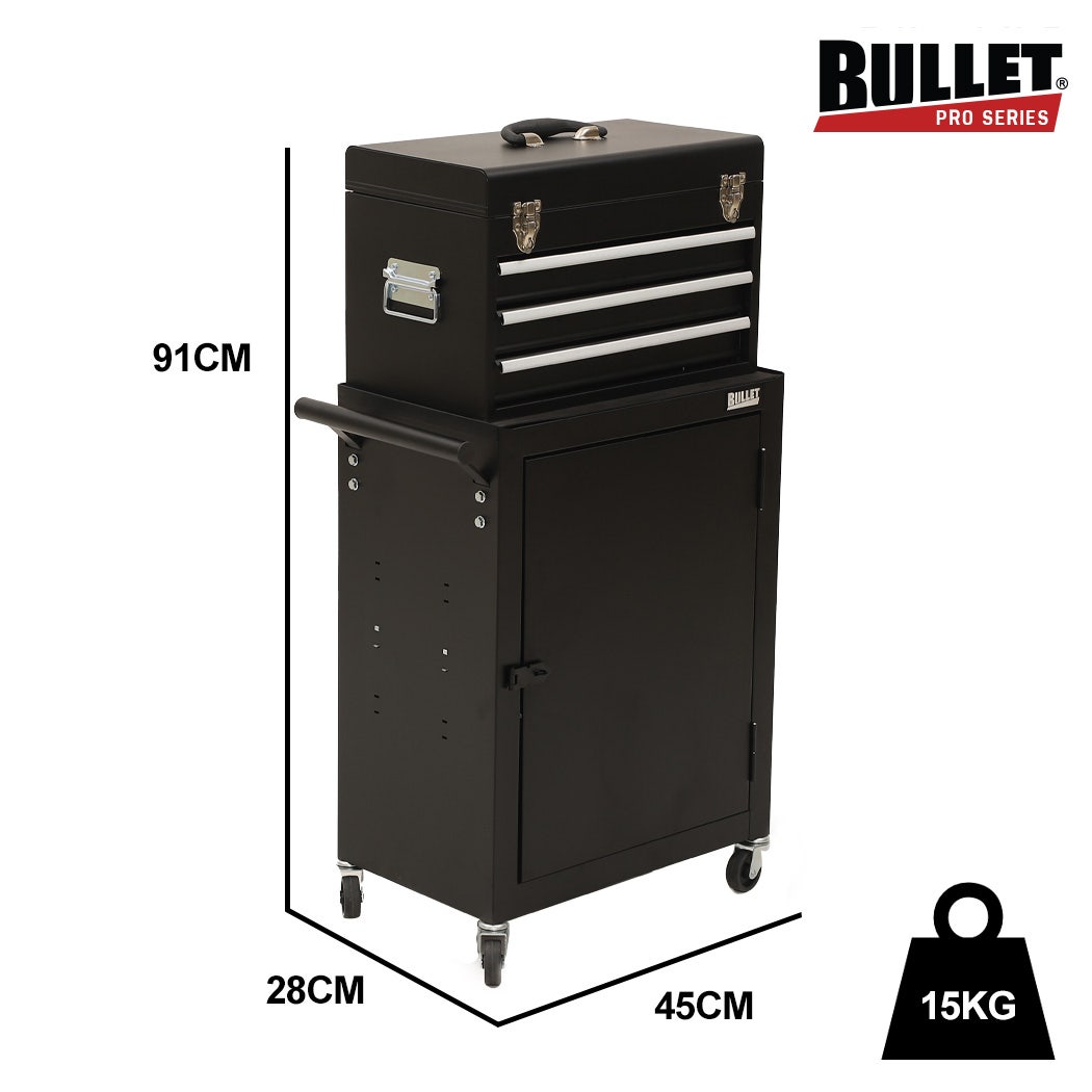 Bullet Pro 3 Drawer Tool Box Cabinet Trolley Storage, with 1-Door Toolbox Garage Organiser Set, Black