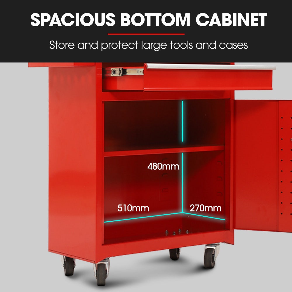 BULLET Pro 5 Drawer Tool Box Cabinet Chest Storage, with 1-Door Toolbox Garage Organiser Set, Red