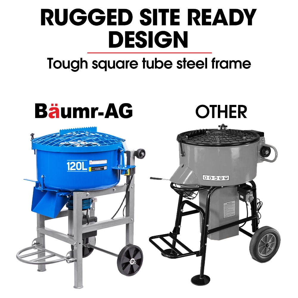 BAUMR-AG 120L Forced Action Pan Mixer, 1500W Electric Direct Drive Motor, Heavy-Duty Frame, for Mortar Screed Resin Cement, 10 Inch Solid Rubber Wheels