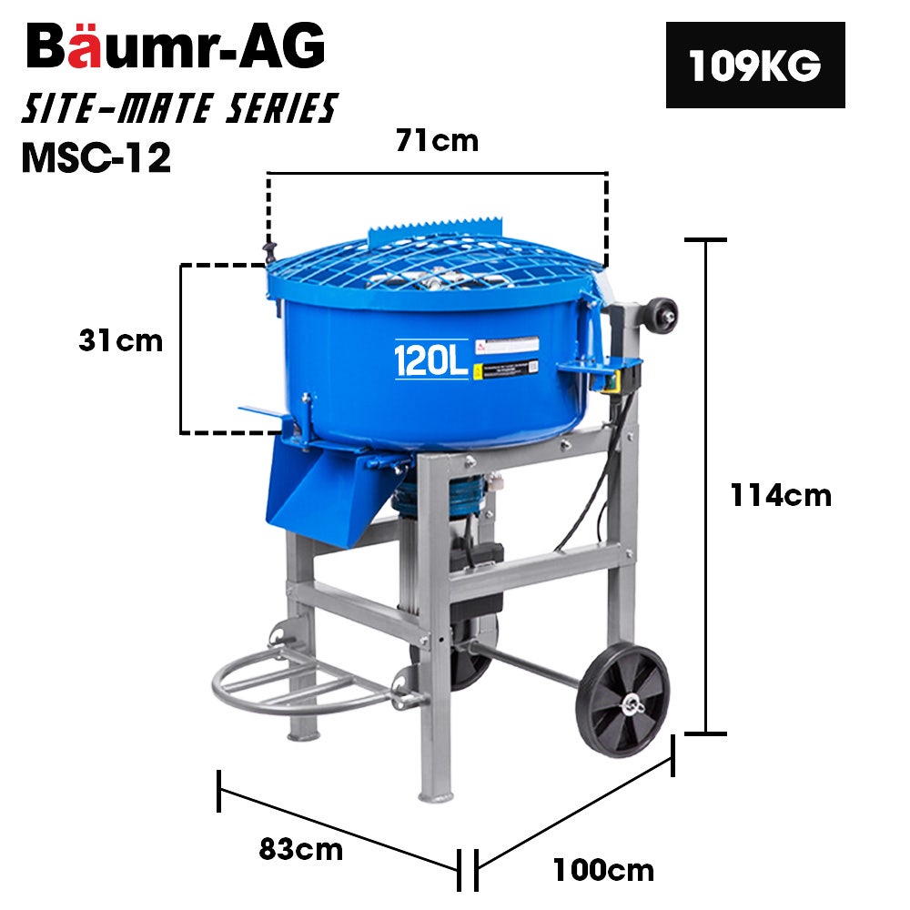 BAUMR-AG 120L Forced Action Pan Mixer, 1500W Electric Direct Drive Motor, Heavy-Duty Frame, for Mortar Screed Resin Cement, 10 Inch Solid Rubber