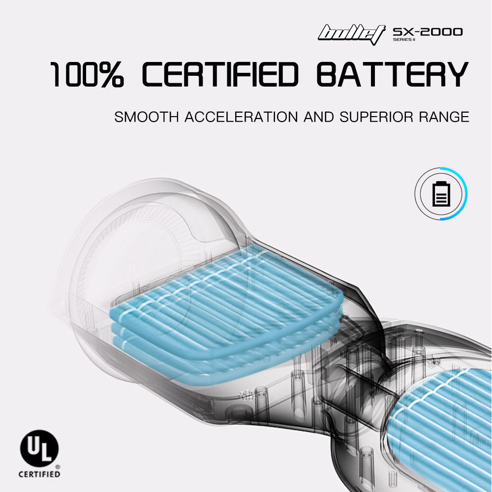 Bullet SX-2000 Hoverboard Scooter, 500W Brushless, Superior Self Balancing System, UL Certified, LED Lights, Black