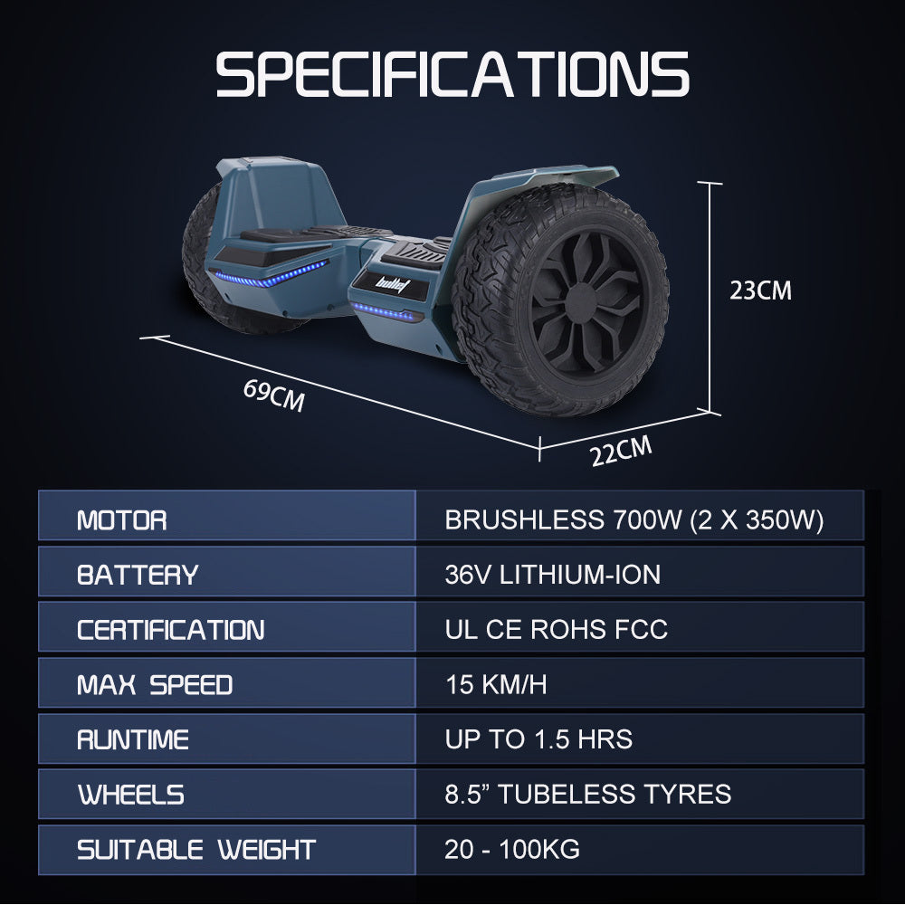 Bullet SX-4500 Hoverboard Scooter, 8.5 Wheels, 700W Brushless, Superior Self Balancing System, UL Certified, LED Lights, Carry Bag, Navy Blue