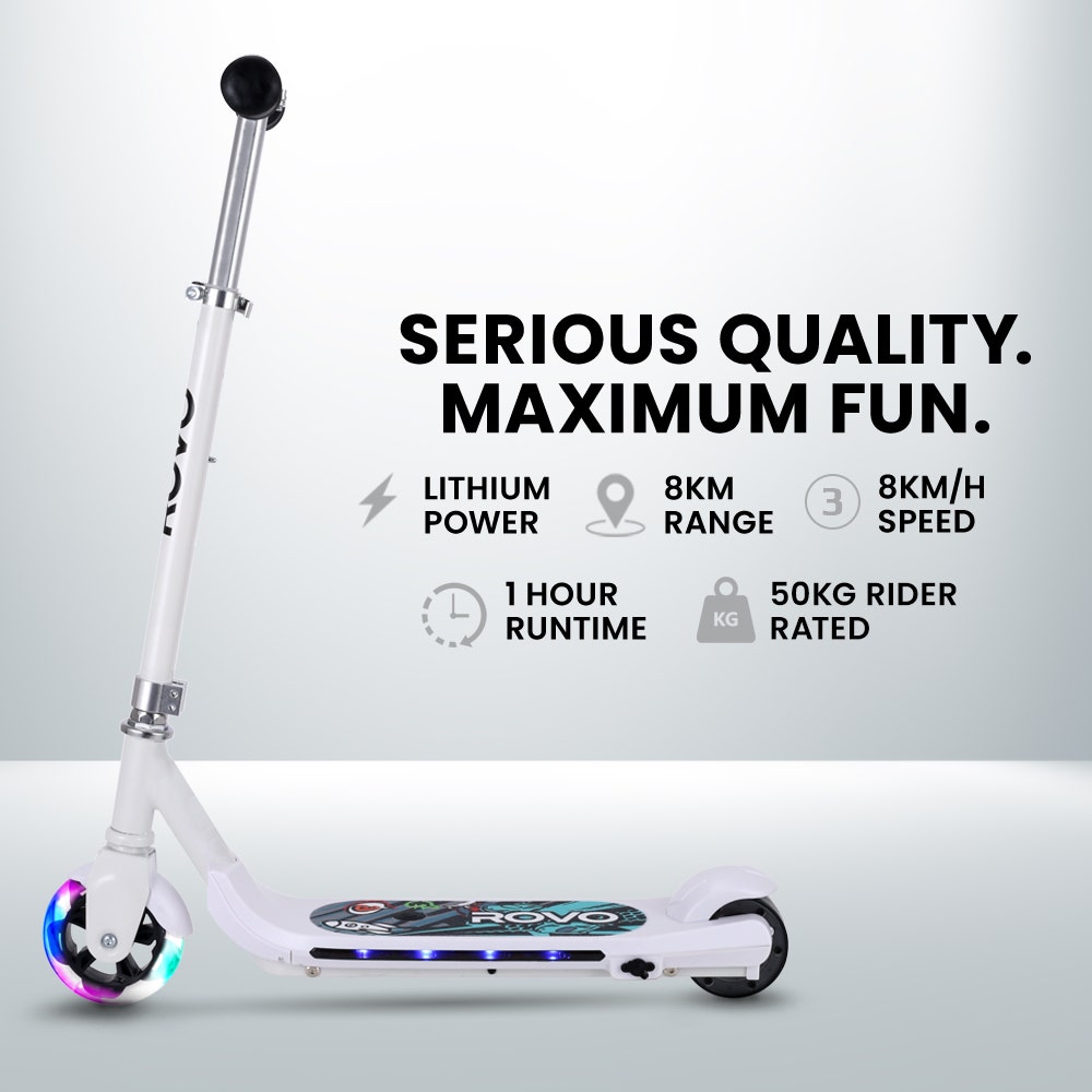 ROVO KIDS WhizKid Electric Scooter, Ages 5-11, Adjustable Height, AU Compliant, Lithium Battery, Brushless Motor, White