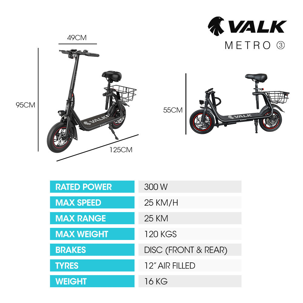 VALK Electric Scooter with Seat, Disc brakes, 12 Tyres, Motorised eScooter for Adults Teens Commuter