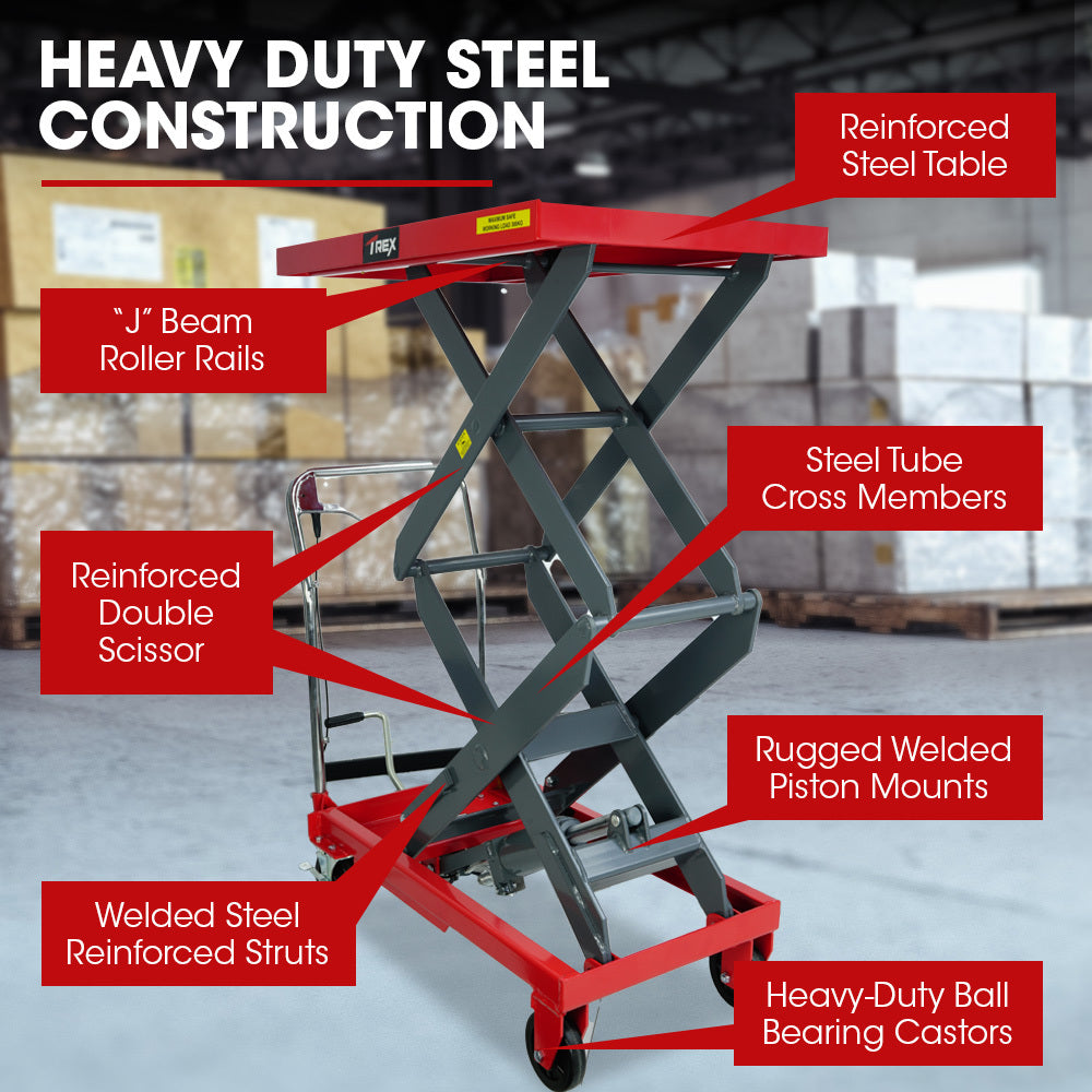 T-REX 300KG Hydraulic High Lift Double Scissor Trolley, 1.3M Max Platform Hgt, Heavy-Duty, for Material Handling