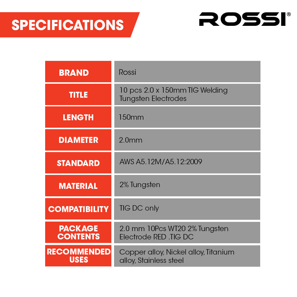 ROSSI 10pc 2.0mm x 150mm TIG Welding Tungsten Electrodes , for Copper Alloy, Nickel Alloy, Titanium Alloy, Stainless Steel