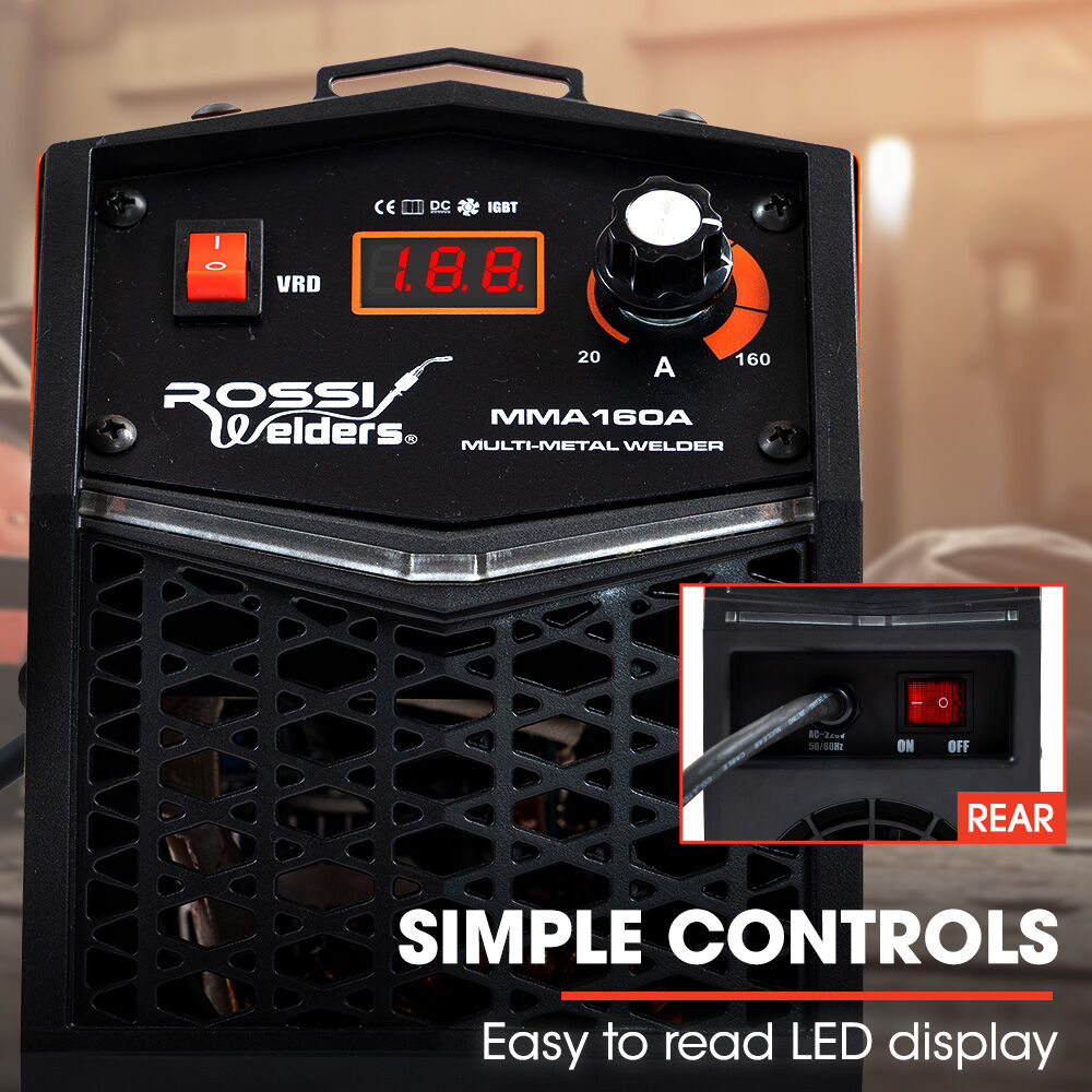 ROSSI 160 Amp Inverter Stick Welder, ideal for Stainless Steel, Aluminium, Carbon Steel, Multi-Metal Gasless Welding Machine, 15A Plug