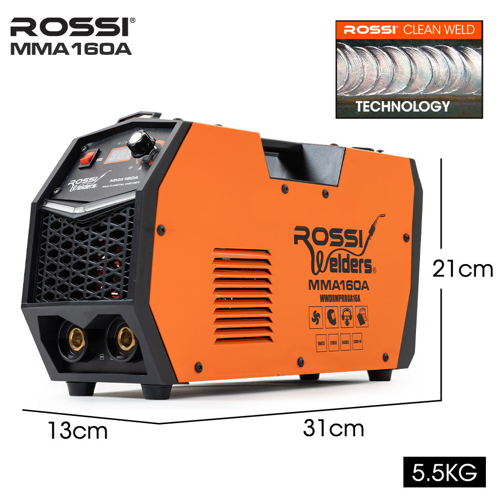 ROSSI 160 Amp Inverter Stick Welder, ideal for Stainless Steel, Aluminium, Carbon Steel, Multi-Metal Gasless Welding Machine, 15A Plug