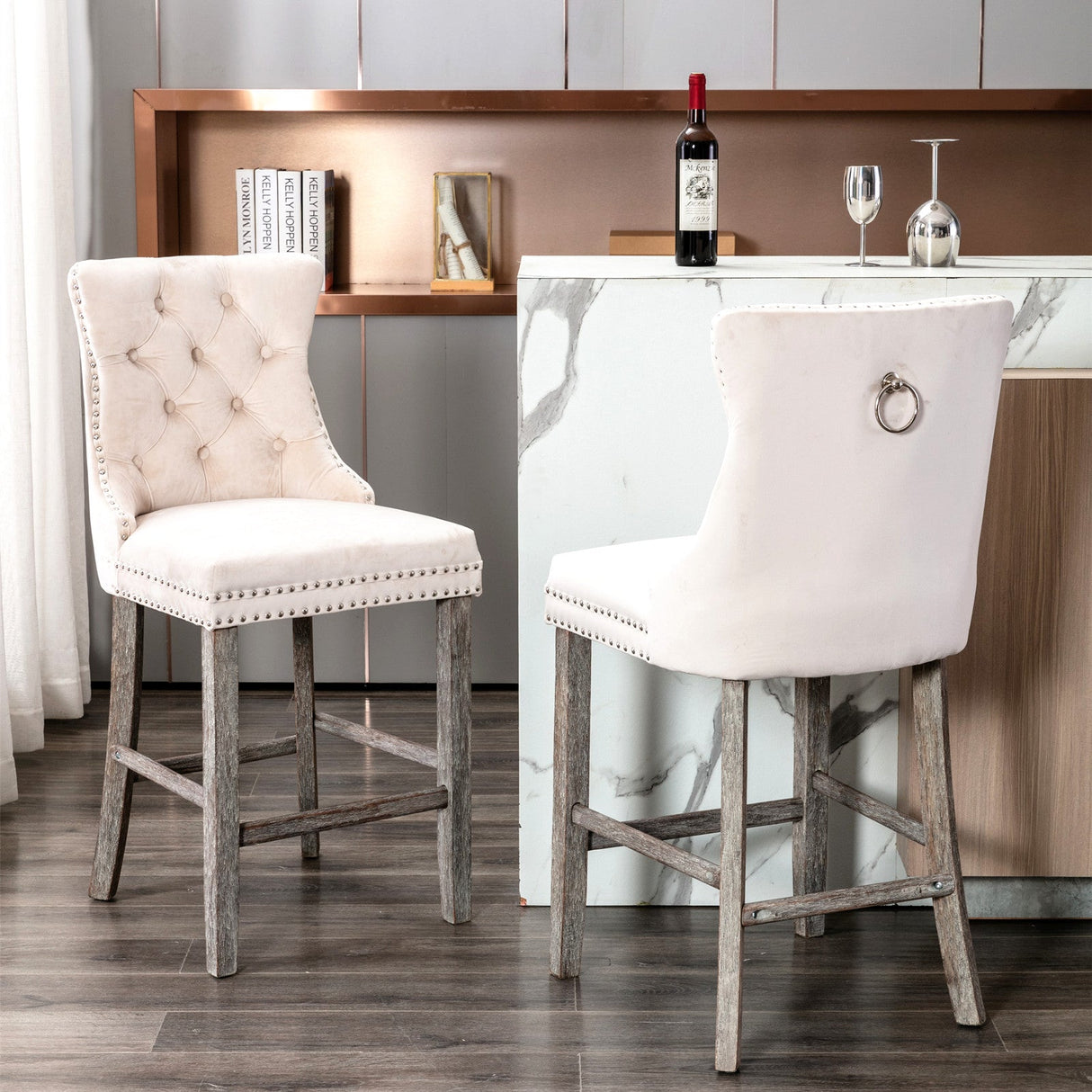 36X Velvet Bar Stools with Studs Trim Wooden Legs Tufted Dining Chairs Kitchen
