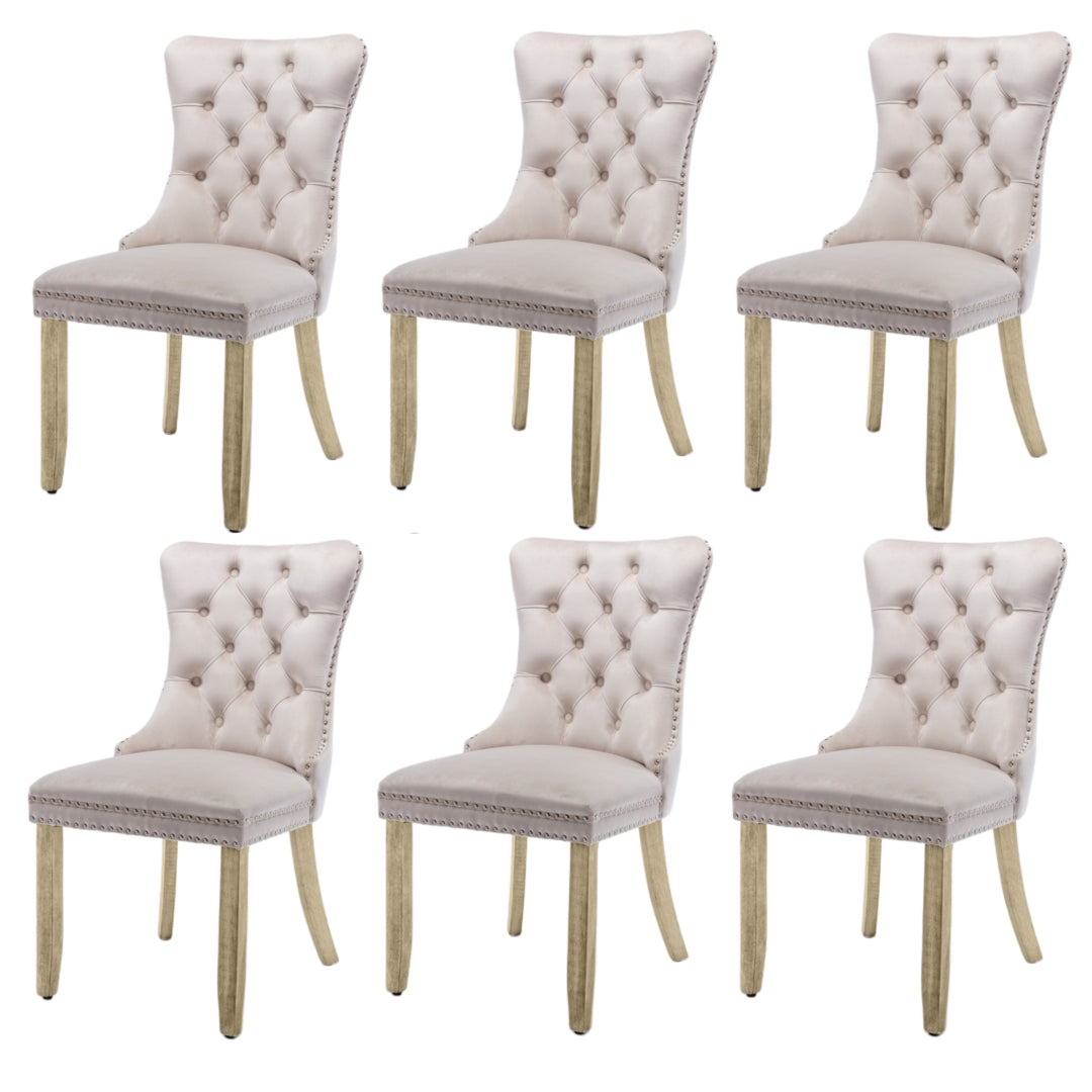 6x Velvet Dining Chairs Upholstered Tufted Kithcen Chair with Solid Wood Legs Stud Trim and Ring-Bei