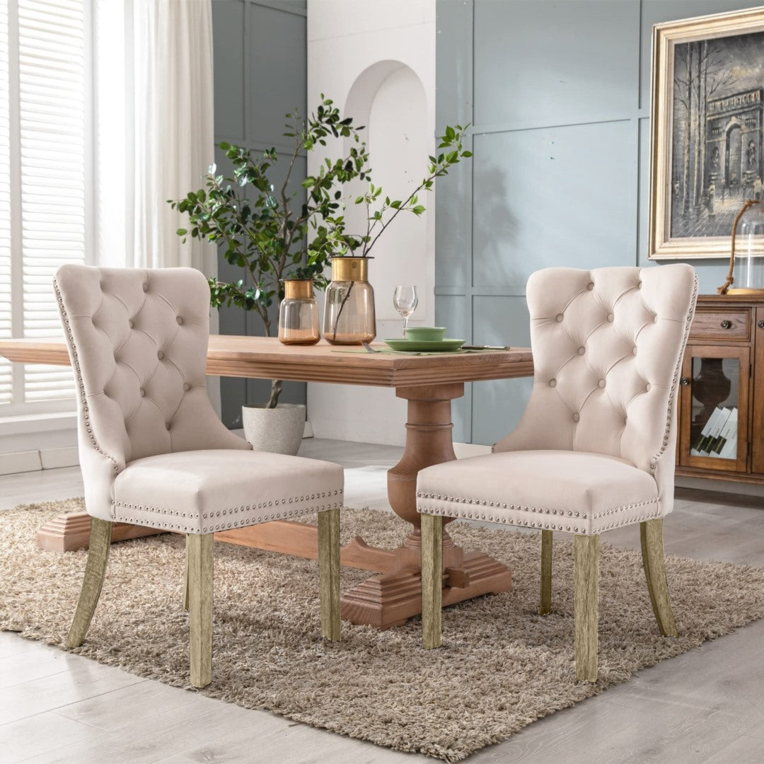 6x Velvet Dining Chairs Upholstered Tufted Kithcen Chair with Solid Wood Legs Stud Trim and Ring-Bei