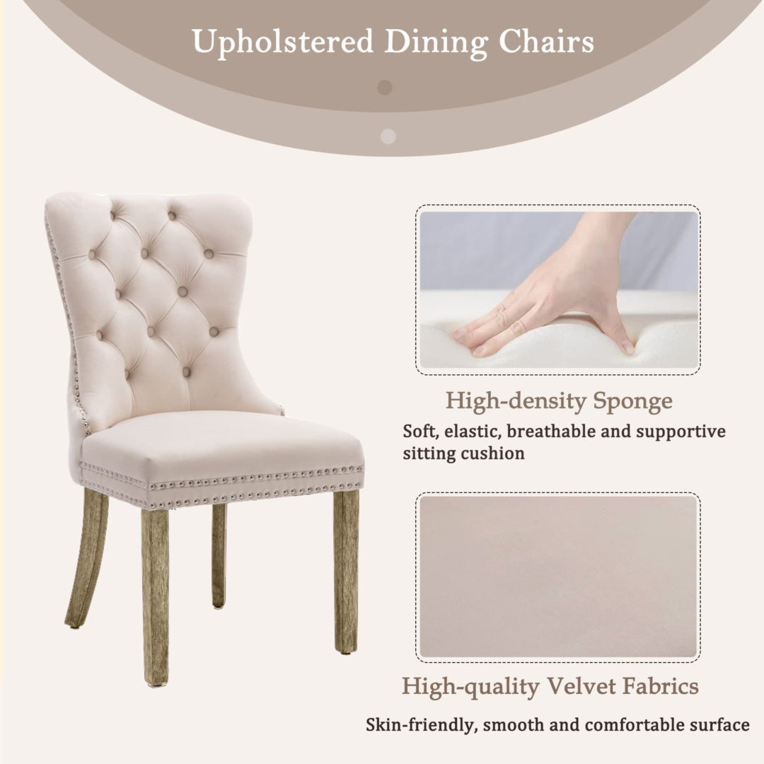 6x Velvet Dining Chairs Upholstered Tufted Kithcen Chair with Solid Wood Legs Stud Trim and Ring-Bei
