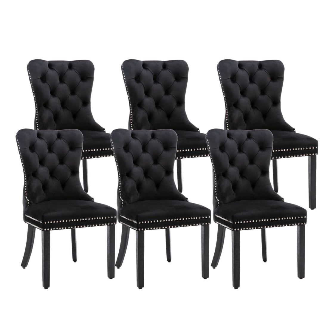 6x Velvet Dining Chairs Upholstered Tufted Kithcen Chair with Solid Wood Legs Stud Trim and Ring-Bla