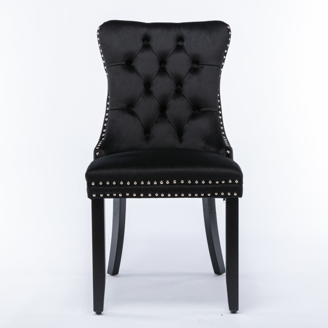 6x Velvet Dining Chairs Upholstered Tufted Kithcen Chair with Solid Wood Legs Stud Trim and Ring-Bla