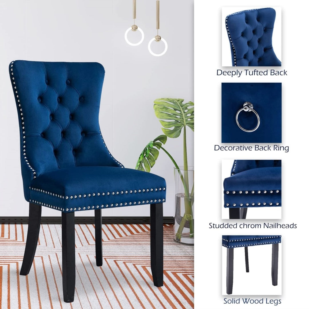 4x Velvet Dining Chairs Upholstered Tufted Kithcen Chair with Solid Wood Legs Stud Trim and Ring-Blu