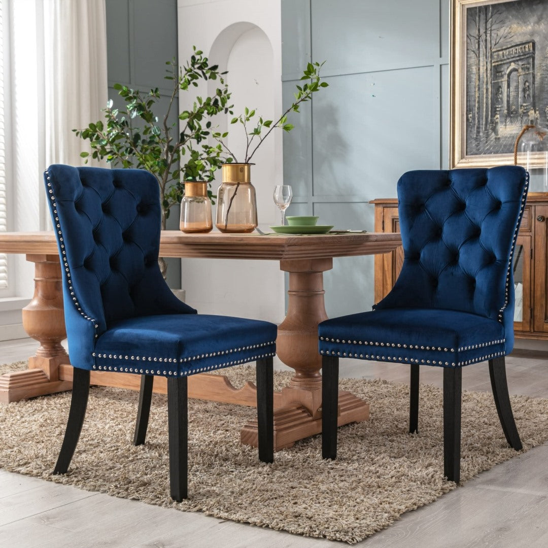 4x Velvet Dining Chairs Upholstered Tufted Kithcen Chair with Solid Wood Legs Stud Trim and Ring-Blu