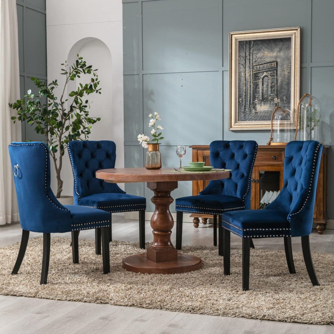 4x Velvet Dining Chairs Upholstered Tufted Kithcen Chair with Solid Wood Legs Stud Trim and Ring-Blu