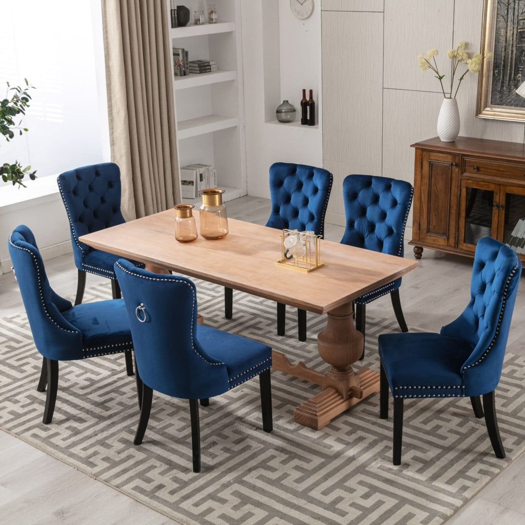 6x Velvet Dining Chairs Upholstered Tufted Kithcen Chair with Solid Wood Legs Stud Trim and Ring-Blu