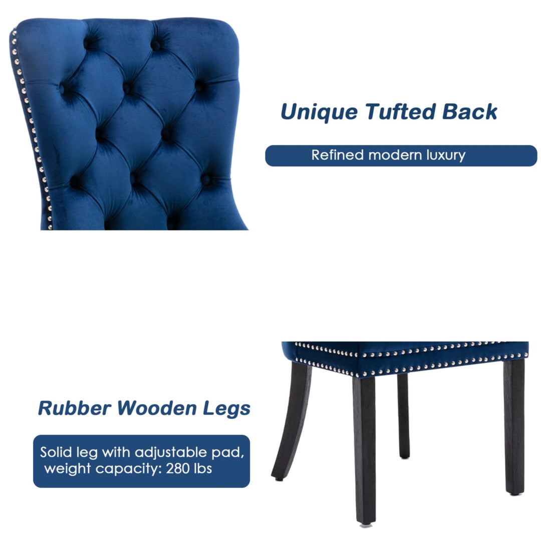 6x Velvet Dining Chairs Upholstered Tufted Kithcen Chair with Solid Wood Legs Stud Trim and Ring-Blu