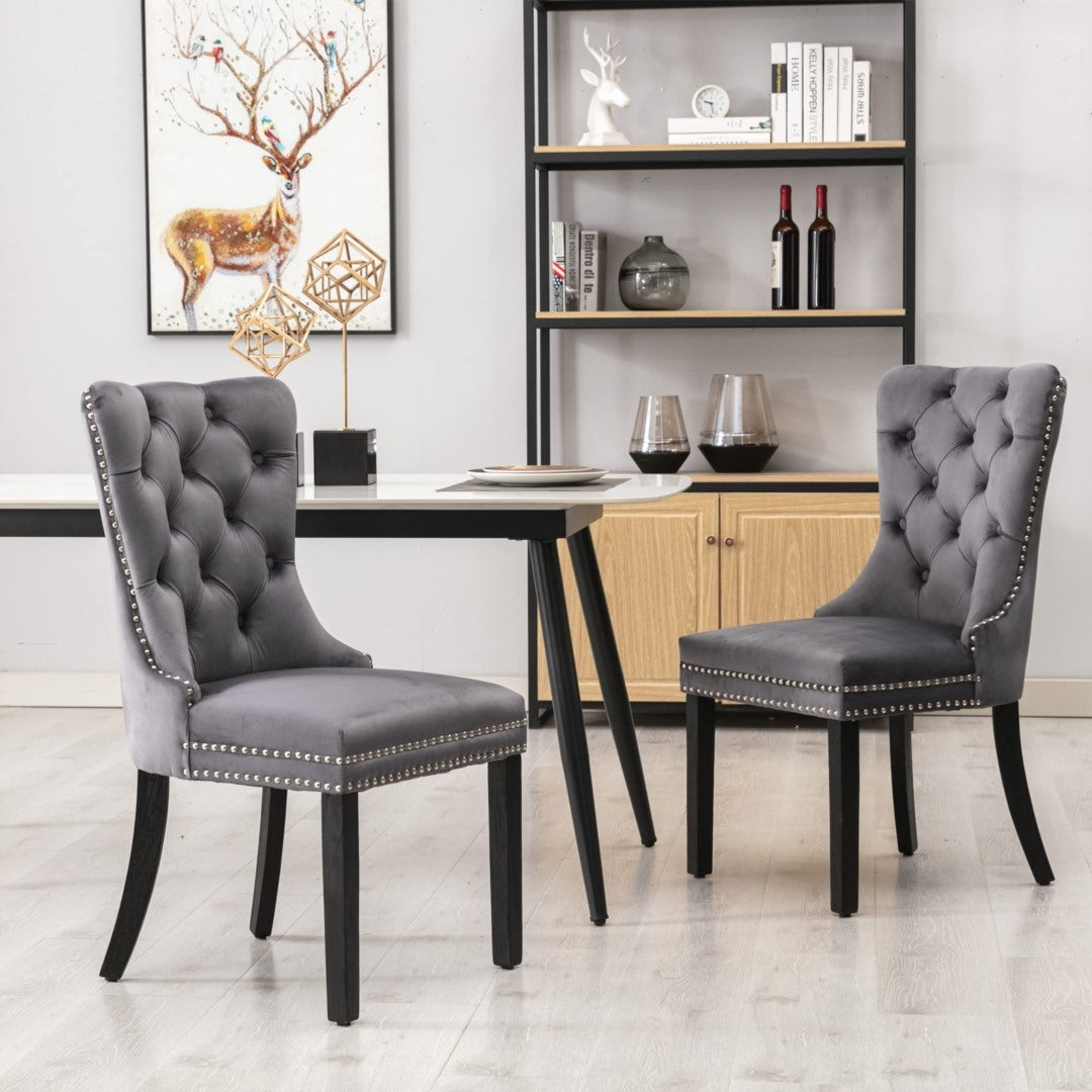 6x Velvet Dining Chairs Upholstered Tufted Kithcen Chair with Solid Wood Legs Stud Trim and Ring-Gra