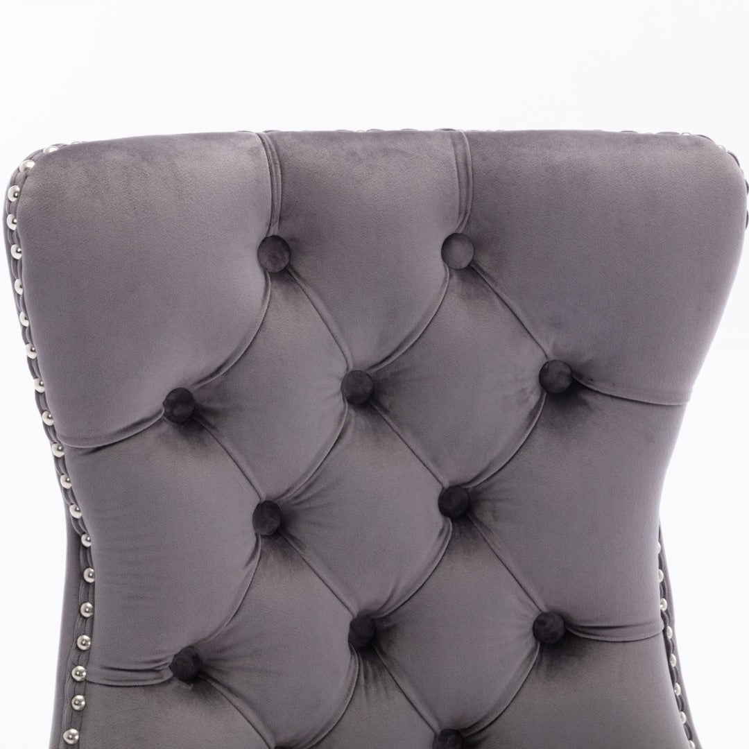 6x Velvet Dining Chairs Upholstered Tufted Kithcen Chair with Solid Wood Legs Stud Trim and Ring-Gra
