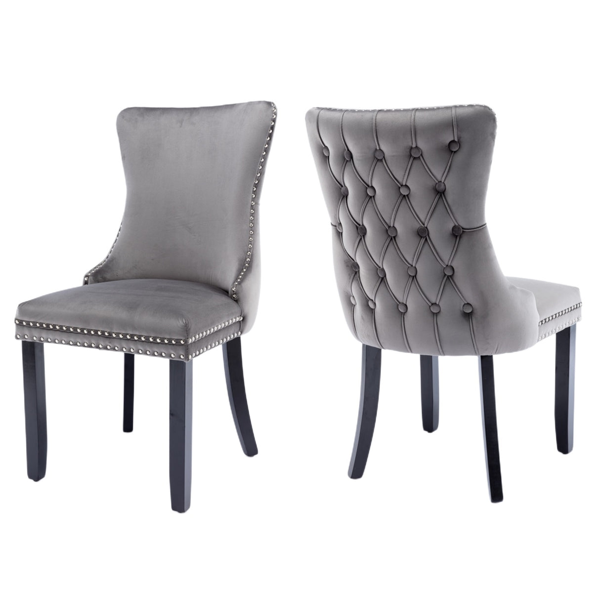 6x Velvet Upholstered Dining Chairs Tufted Wingback Side Chair with Studs Trim Solid Wood Legs for K